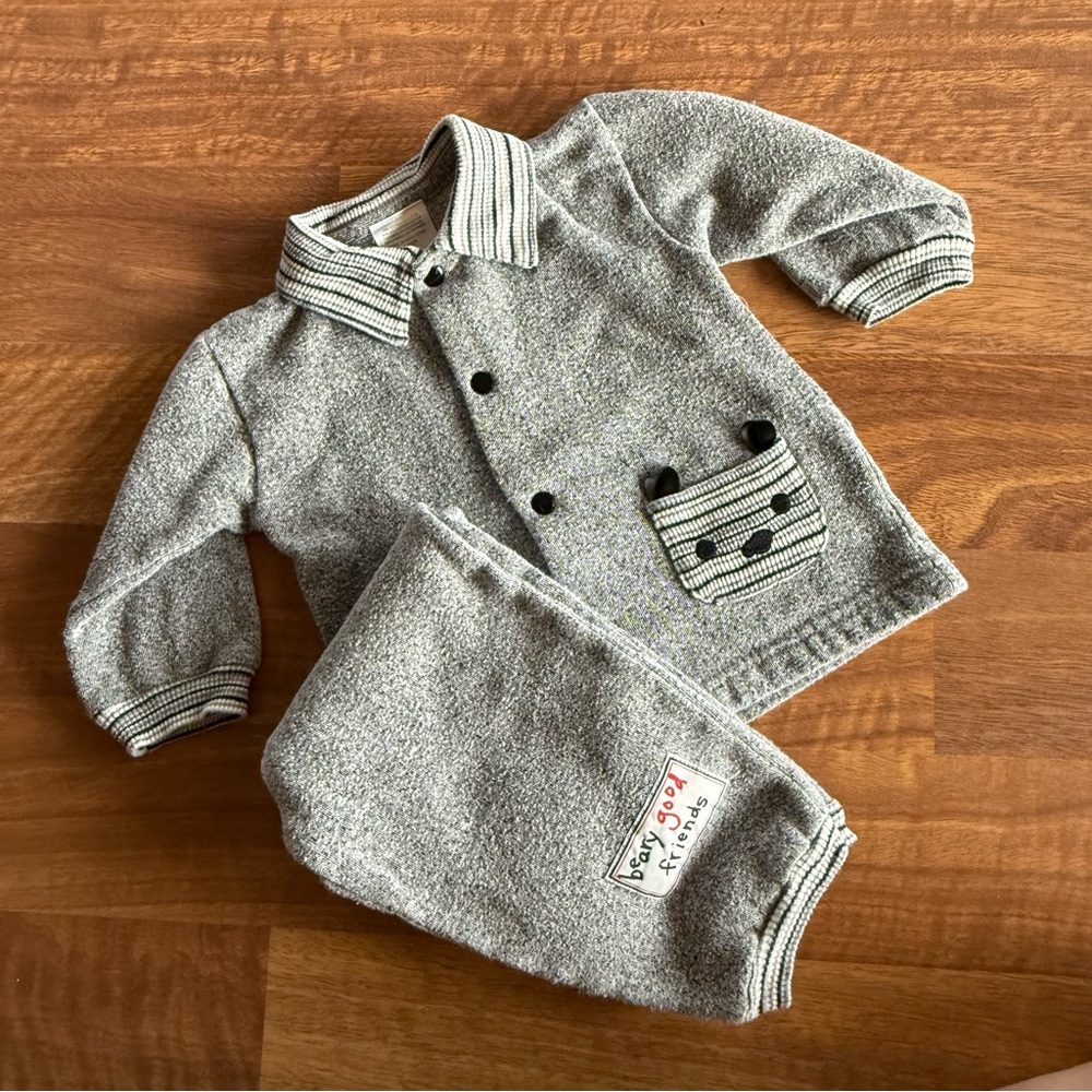 Vintage Baby Unisex Gray Sweater Pants Set Bear 12 Months Cozy Winter Fall Warm